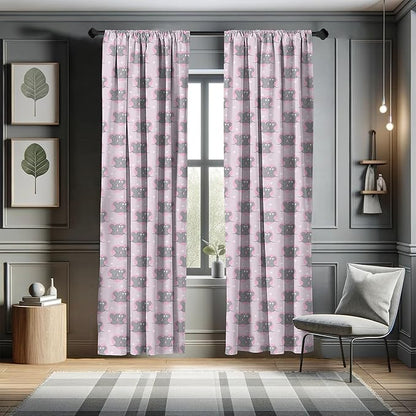 Ambesonne Pink and Grey Window Curtains, Little Mouse Characters with Hearts on Striped Backdrop Cartoon Lovers, Lightweight Decor 2-Panel Set with Rod Pocket, Pair of - 28" x 63", Grey Pink