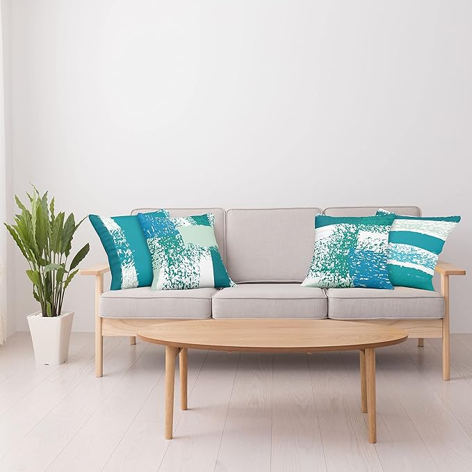 Ambesonne Grunge Throw Pillow Cushion Case Pack of 4, Abstract Design Simplistic Minimal Stripes Brushstrokes Contemporary, Modern Accent Double-Sided Digital Printing, 16", Teal Blue and Mint Green