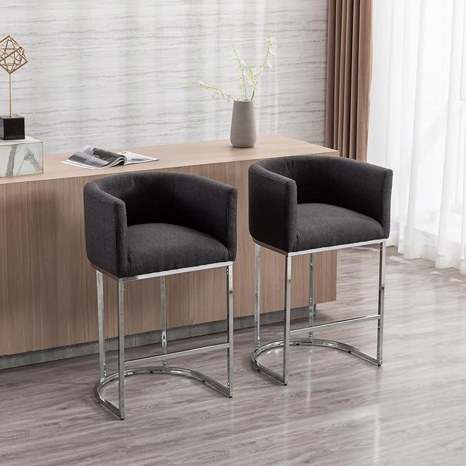 Modern Counter Height Linen Upholstered Bar Stools Set of 2, 29" Kitchen Counter Island Stools Bar Chairs with Chrome Finish Metal Frame for Kitchen Island, Charcoal