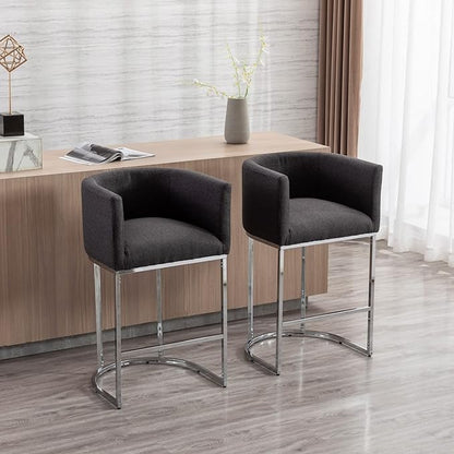 Modern Counter Height Linen Upholstered Bar Stools Set of 2, 29" Kitchen Counter Island Stools Bar Chairs with Chrome Finish Metal Frame for Kitchen Island, Charcoal