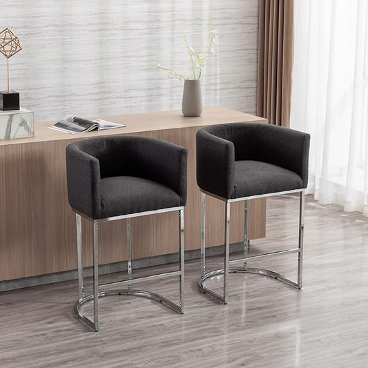 Modern Counter Height Linen Upholstered Bar Stools Set of 2, 29" Kitchen Counter Island Stools Bar Chairs with Chrome Finish Metal Frame for Kitchen Island, Charcoal