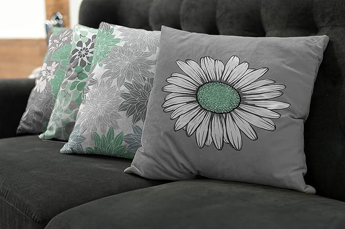 Ambesonne Floral Throw Pillow Cushion Case Pack of 4, Flower Petals Modern Color Palette Chamomile Peony Dahlia and Sunflower Print, Modern Accent Double-Sided Digital Printing, 16", Sea Green Grey