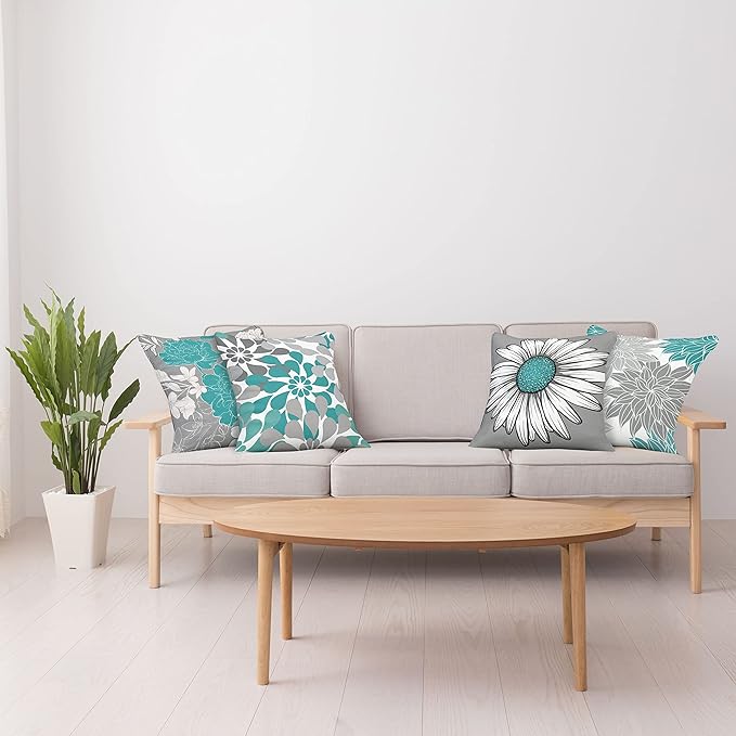 Ambesonne Floral Throw Pillow Cushion Case Pack of 4, Flower Petals Modern Color Palette Chamomile Peony Dahlia and Sunflower Print, Modern Accent Double-Sided Digital Printing, 16", Grey Dark Seafoam