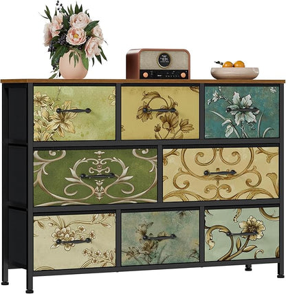 Furnulem 8 Drawer Dresser, Wide Fabric Chest of Drawers, Vintage Furniture for Bedroom, Living Room, Hallway, Closet Clothes Storage, Wooden Top