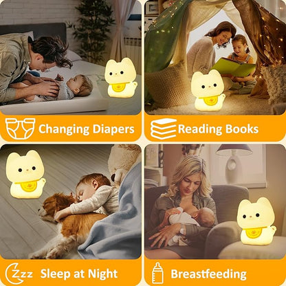 Attivolife Cute Cat Night Light for Kids, Animal Kitty Silicone Touch LED Lamp with Dimmable Timer, USB Rechargeable Toddler Feeding Bedroom Bedside Decor Birthday Xmas Gifts for Girls Baby