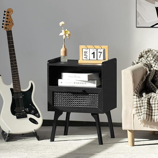 Lerliuo Rattan Nightstand, Side Table with Drawer Open Shelf, Cane Accent Bedside End Table with Solid Wood Legs, Mid Century Modern Night Stand for Bedroom, Dorm and Small Spaces (Black)