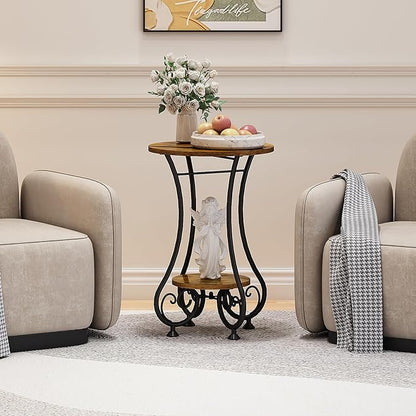 X-cosrack End Table, Round Side Table for Small Spaces, Coffee Tea Table Nightstand Home Decor for Living Room Balcony Bedroom Office,Rustic Brown & Black,15.75" L x 15.75" W x 24.0" H