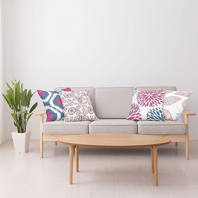 Ambesonne Vintage Throw Pillow Cushion Case Pack of 4, Bohemian Ornamental Leaves Dahlia Pattern Geometric Art Curlicue Motif, Modern Accent Double-Sided Digital Printing, 20", Pink and Dark Sky Blue