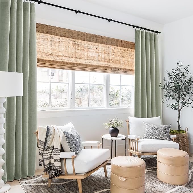 RYB HOME Linen Sheer Curtains and Drapes for Living Room 63 inches Length, Breathable Weave Textured/Rod Pocket Semi Sheer Curtains, Sage Green, W 52 x L 63 inches, 2 Panels Set