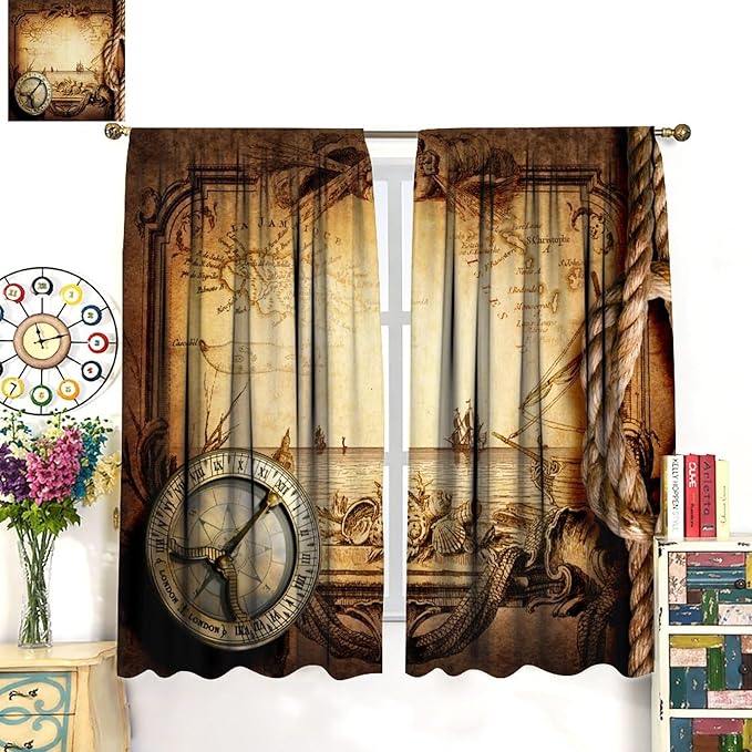 Pirate Map Curtains, Nautical Theme Old Ancient Treasure Map Secret Sea History Pattern Blackout Window Drapes for Kids Boys Bedroom Living Room 42x63in