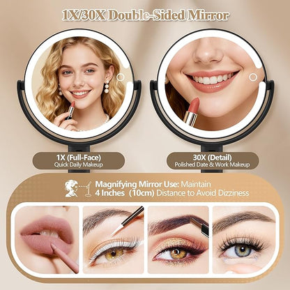 Makeup Mirror with Lights, Double Sided 1x/30x Magnifying Mirror with Light, Rechargeable 3 Color Lights and Adjustable Brightness, 360° Rotation Detachable Comes with Tweezer(Black)
