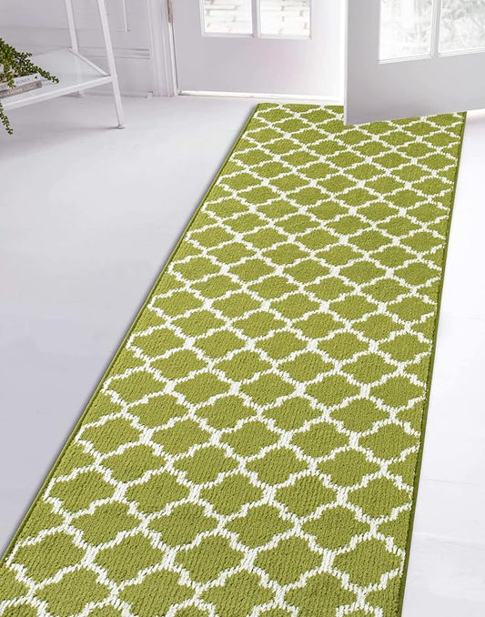 Custom Size Moroccan Trellis Runner Rug Mat for Wide Hallway Entryway Kitchen Laundry Room with Slip Resistant Latex Rubber Backing, Trellis Green, 31 inch X 15 feet