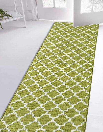 Custom Size Moroccan Trellis Runner Rug Mat for Wide Hallway Entryway Kitchen Laundry Room with Slip Resistant Latex Rubber Backing, Trellis Green, 31 inch X 12 feet