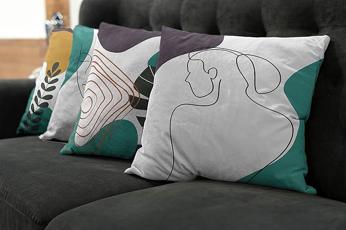 Ambesonne Minimal Throw Pillow Cushion Case Pack of 4, Modern Line Art Woman Portrait Contemporary Leafy Geometric Details, Modern Accent Double-Sided Digital Printing, 24", Teal Dark Purple Mustard