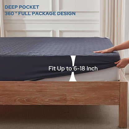 BEDLORE Waterproof Mattress Protector, Queen Size Noiseless Mattress Pad with Deep Pocket 6"-18" Depth, Soft Breathable Bed Mattress Cover Washable for Home, Bedroom, Hotel (Navy Blue)