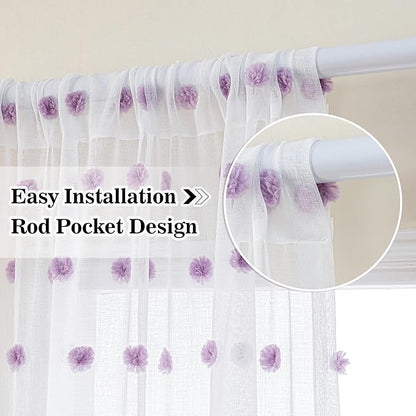 MYSKY HOME 45 Inches Long Kitchen Curtains Small Window Curtains for Bathroom Cafe Bedroom Purple Pom Pom White Semi Sheer Curtains for Nursery Girls Room Rod Pocket 2 Pieces Drapes 52 x 45 inch