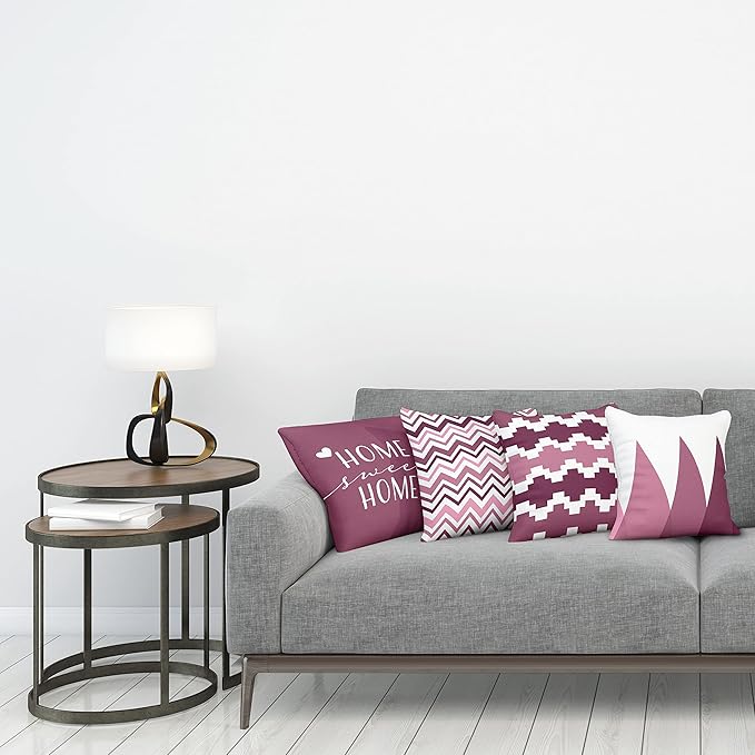 Ambesonne Modern Throw Pillow Cushion Case Pack of 4, Geometric Style Pattern of Triangles Zigzags Love Home Phrase Print, Modern Accent Double-Sided Digital Printing, 24", Dried Rose and Pale Pink