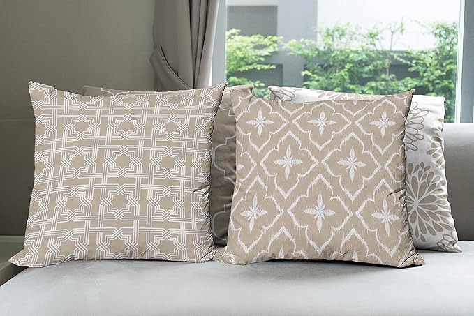 Ambesonne Vintage Throw Pillow Cushion Case Pack of 4, Monochrome Design Grid Trellis Quatrefoil Mesh and Dahlia Flowers Modern Print, Modern Accent Double-Sided Digital Printing, 24", Tan and White