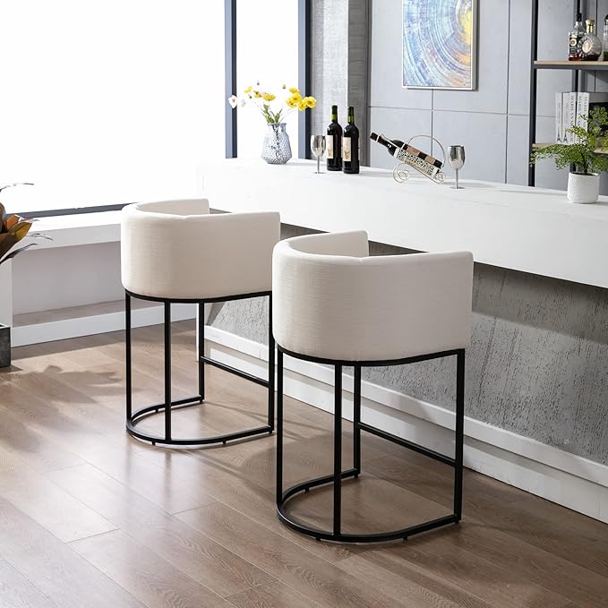 Modern Counter Height Linen Upholstered Bar Stools Set of 2, 32" Kitchen Counter Island Stools Bar Chairs with Black Metal Frame for Kitchen Island, Cream