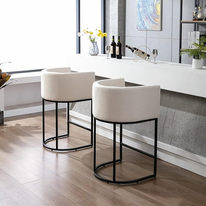 Modern Counter Height Linen Upholstered Bar Stool, 32" Kitchen Counter Island Stool Bar Chairs with Black Metal Frame for Kitchen Island, Cream
