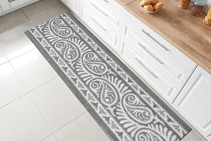 Custom Length Cut to Size Tribal Ethnic Southwestern Inspired Hallway Runner Rug, Non Slip Rubber Backed, 31 inch Wide X Customized Length, Mayan Grey, 31 inch X 7 feet