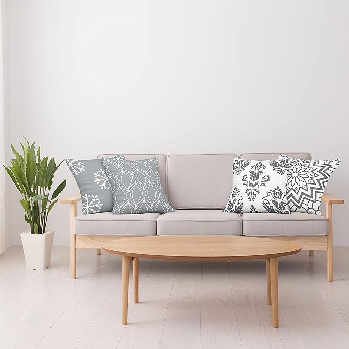 Ambesonne Retro Throw Pillow Cushion Case Pack of 4, Trellis Grid Medieval Floral Damask Mandala Flower Ornament in Modern Grayscale, Modern Accent Double-Sided Digital Printing, 20", Grey and White