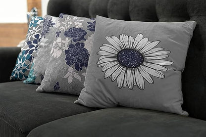 Ambesonne Floral Throw Pillow Cushion Case Pack of 4, Flower Petals Modern Color Palette Cold Tones Chamomile Peony Dahlia Sunflower, Modern Accent Double-Sided Digital Printing, 18", Grey Navy Blue