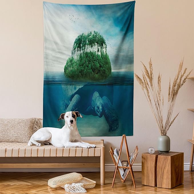 Ambesonne Underwater Tapestry, Giant Turtle Carrying Island on Its Back Swimming Under Ocean Print, Wall Hanging for Bedroom Living Room Dorm Decor, 60" X 80", Green Blue