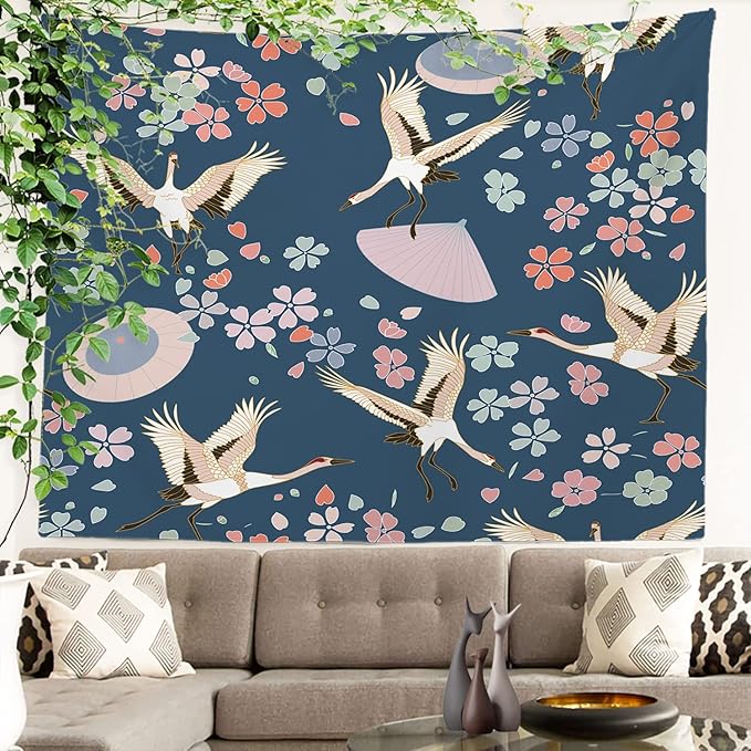 Batmerry Navy Blue Japanese Cherry Tapestry, Oriental Wall Art Hanging Decoration Polyester Fiber White Ruffled Around for Dorm Room Bedroom Living Room, 39.1x59.1 inches