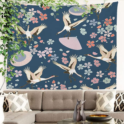 Batmerry Navy Blue Japanese Cherry Tapestry,Oriental Wall Art Hanging Decoration Polyester Fiber White Ruffled Around for Dorm Room Bedroom Living Room, 51.2x59.1 inches