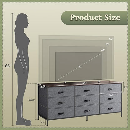Huuger Long Dresser for Bedroom, 55 Inch TV Stand for 55, 60 Inch TV, Entertainment Center with Drawers, Large Storage 9 Fabric Drawers Dresser, Closet, Dark Grey