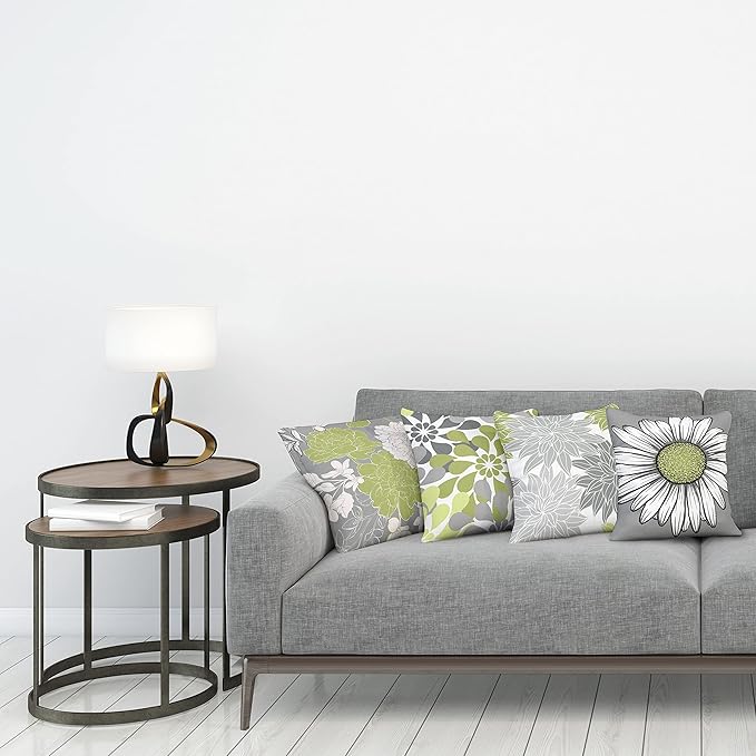Ambesonne Floral Throw Pillow Cushion Case Pack of 4, Flower Petals Color Palette Chamomile Peony Dahlia and Sunflower, Accent Double-Sided Digital Printing, 20", Grey Pastel Green