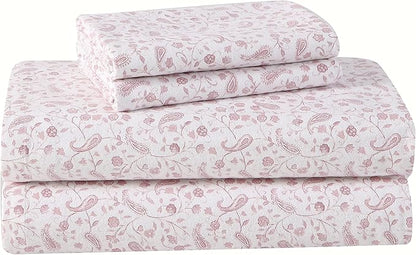 Laura Ashley - Flannel Sheets Full Size, Anti-Pilling & Wrinkle Resistant Cotton, Touchably Soft for All-Season Comfort - Bed Sheets with Matching Pillowcases & Fitted Sheet (Paisley Prance Pink)