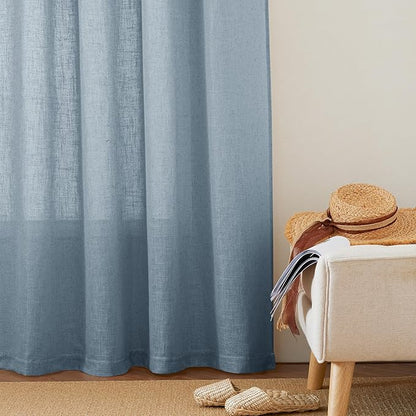 RYB HOME Flax Linen Blend Curtains for Closet Kitchen, Semi Translucent Privacy Protection Light Filtering Decorative Short Small Window Drapes for Bedroom, W 52 x L 36 inches, Dusty Blue, 2 Panels