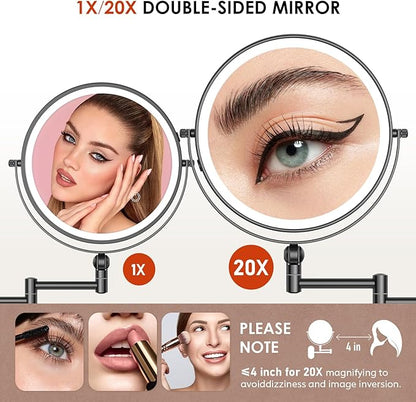 9" Wall Mounted Lighted Makeup Mirror,4000mAh Rechargeable Double Sided 1X/20X Magnifying Mirror with Light,Touch Dimmable,Extended Arm 360 Rotation Wall Mounted Makeup Mirror 3 Color Lights-B