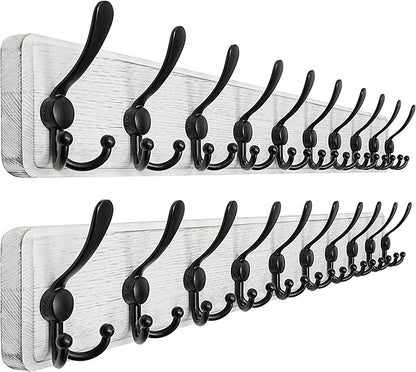 Dseap Coat Rack Wall - Heavy-Duty 38-1/4" Long, with Reinforced 10 Custom Tri-Hooks, Solid Wood Wall Hanger for Coats Hat Jackets - Rustic Farmhouse Entryway Storage, White & Black, Pack of 2