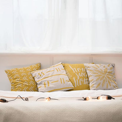 Ambesonne Modern Throw Pillow Cushion Case Pack of 4, Scandinavian Minimal Ornaments Boho Feather Leaves and Home Phrase, Modern Accent Double-Sided Digital Printing, 20", Pale Tan and Earth Yellow