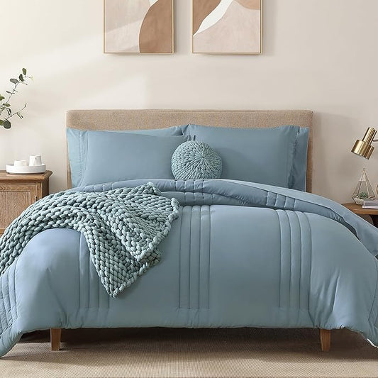 Monbix Full Comforter Set - 7 Pieces Dusty Blue Bed in a Bag Full Size Bedding Sets with Comforters, All Seasons Down Alternative Comforter with Sheets,Pillowcases & Shams
