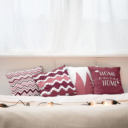 Ambesonne Modern Throw Pillow Cushion Case Pack of 4, Geometric Style Pattern of Triangles Zigzags Love Home Phrase Print, Modern Accent Double-Sided Digital Printing, 18", Raspberry Rose and White