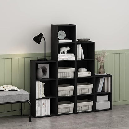 Furinno PASIR Book Shelf, 4-Tier Modern Bookshelf, Open Shelves Bookcase 9" x 12" x 42", for Living Room, Bedroom, Home Office, Blackwood