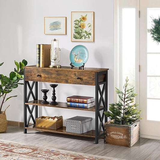Yaheetech Console Table with Drawer, Entryway Table with 3 Tier Storage Shelves, Narrow Long Sofa Tables for Entryway, Living Room, Hallway, Couch, Kitchen, Metal Frame, Rustic Brown