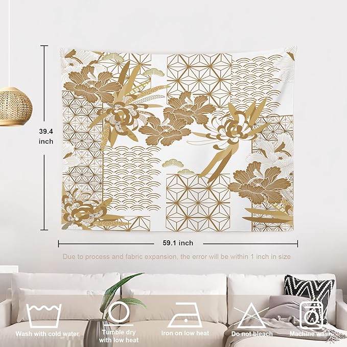 Batmerry Gold Japanese Floral Tapestry, Spring Wall Art Hanging Decoration Polyester Fiber White Ruffled Around for Dorm Room Bedroom Living Room, 39.1x59.1 inches