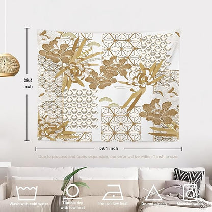 Batmerry Gold Japanese Floral Tapestry, Spring Wall Art Hanging Decoration Polyester Fiber White Ruffled Around for Dorm Room Bedroom Living Room, 39.1x59.1 inches