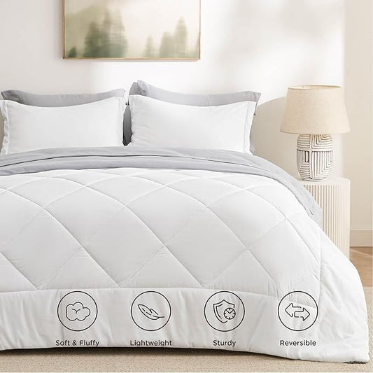 Bedsure King Comforter Set - 7 Pieces Reversible White and Grey Bedding, King Bed Set for All Seasons, Bed in a Bag with Down Alternative Comforter, Grey Sheets, Pillowcases & Shams