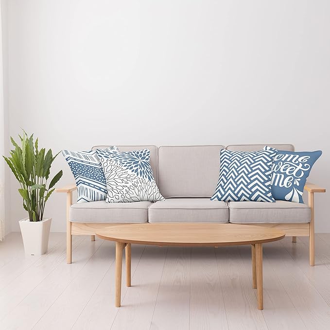 Ambesonne Geometric Throw Pillow Cushion Case Pack of 4, Home Phrase Minimal Zigzag Squama Dahlia Flower Petals Chevron Tribal, Modern Accent Double-Sided Digital Printing, 24", Slate Blue and White