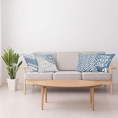 Ambesonne Geometric Throw Pillow Cushion Case Pack of 4, Home Phrase Minimal Zigzag Squama Dahlia Flower Petals Chevron Tribal, Modern Accent Double-Sided Digital Printing, 24", Slate Blue and White