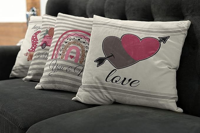 Ambesonne Romantic Throw Pillow Cushion Case Pack of 4, Love Hearts Arrow You and Me Be My Valentine Hugs Kisses Lettering Print, Modern Accent Double-Sided Digital Printing, 16", Ivory Taupe and Pink