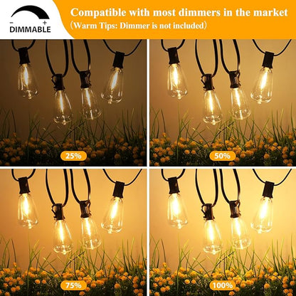Brightever LED Outdoor String Lights 100FT Patio Lights with 52 Shatterproof ST38 Vintage Edison Bulbs, Outside Hanging Light Waterproof for Porch, Deck, Garden, Backyard, Balcony, 2700K Dimmable