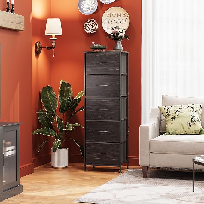 WLIVE Fabric Dresser, 5-Drawer Tall Dresser for Bedroom, Storage Dresser Organizer with Fabric Bins, Wood Top, Sturdy Steel Frame, Chest of Drawers for Closet, Hallway, Charcoal Black Wood Grain Print