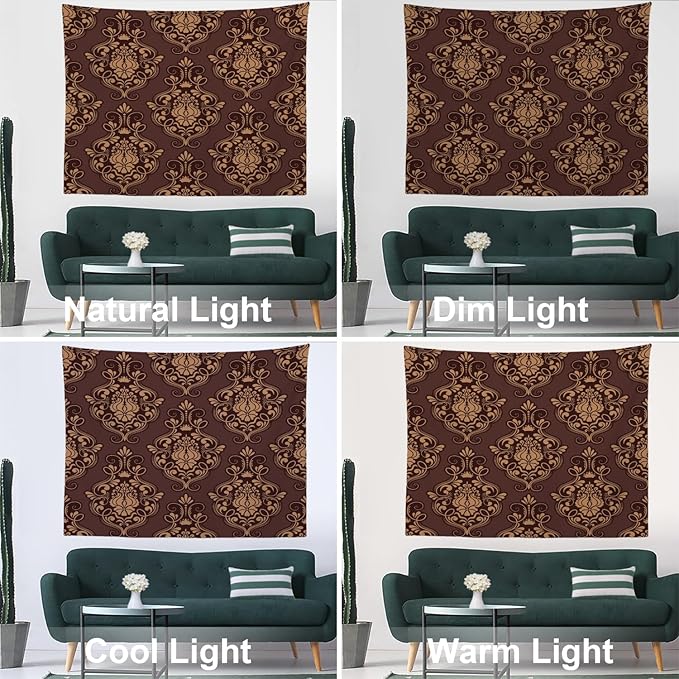 Batmerry Brown Damask Floral Tapestry, Vintage Golden Brown Damask Pattern Wall Art Hanging Decoration Polyester Fiber White Ruffled Around For Dorm Room Bedroom Living Room, 30 X 40 Inches